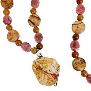 VTG Gemstone Rhodonite Picture Jasper Boho Artisan Necklace Statement Pendant